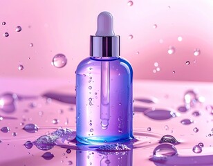 A serum bottle with dropper, surrounded by water droplets and a pink glow