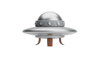 Cartoon UFO flying saucer with landing gear on transparent background
