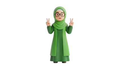 Cute cartoon girl in hijab and glasses making peace sign on transparent background