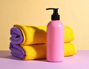 Stacked towels with a pump bottle on a pastel purple and yellow backdrop