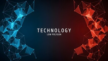 abstract technology low poly or polygonal background from lines, dots and glowing particles with red and blue lights