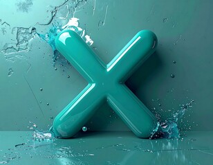 Turquoise, 3D letter "X" emerges from water splash