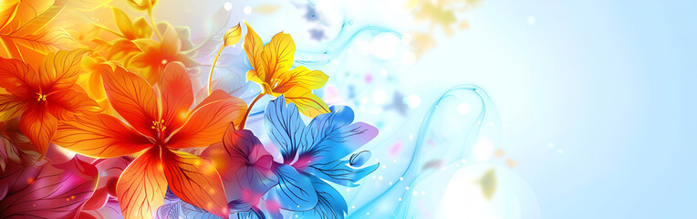 Vibrant flowers in shades of orange, blue, and yellow on light background