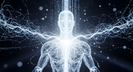 Human body glowing with energy and neural connections in space