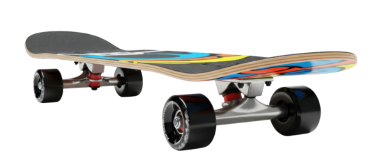 A detailed image of a skateboard with black wheels and a colorful deck, isolated on a white background.