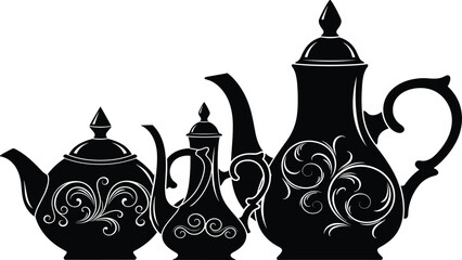 Elegant vintage teapot silhouettes with decorative floral patterns, classic black and white tea set illustration for kitchen, cafe, and traditional design themes © Polash