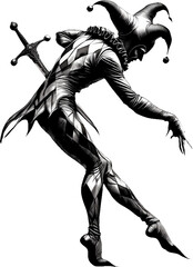 Sinister gothic jester holding sword, dark harlequin ink illustration art piece.