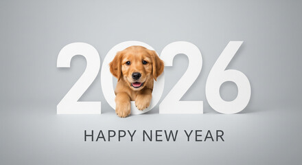 Adorable golden retriever puppy peeking through the number zero in a cheerful happy new year 2026 greeting design