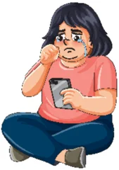 Selbstklebende Fototapeten Kinder Sad Overweight Woman Crying While Looking at Her Smartphone Screen  © GraphicsRF