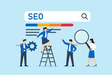 Flat illustration of business people optimizing online results under SEO bar symbolizing search engine ranking improvement and digital marketing strategy