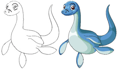 Cartoon Plesiosaurus Swimming with Coloring Page Outline © GraphicsRF
