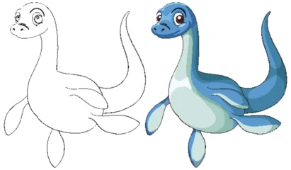 Selbstklebende Fototapeten Kinder Cartoon Plesiosaurus Swimming with Coloring Page Outline  © GraphicsRF