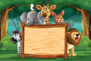 Selbstklebende Fototapeten Kinder Jungle Animals with Blank Wooden Sign in Forest  © GraphicsRF