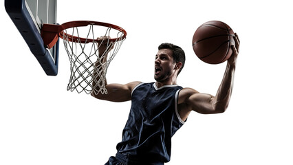Basketball Player Performing Slam Dunk Mid Air Isolated