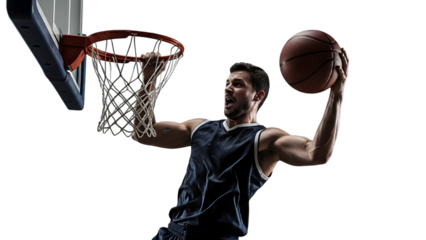 Basketball Player Performing Slam Dunk Mid Air Isolated