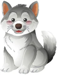 Selbstklebende Fototapeten Kinder Cute Cartoon Gray Wolf Pup Sitting and Smiling  © GraphicsRF