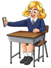 Selbstklebende Fototapeten Kinder Schoolgirl Taking Selfie with Smartphone at Classroom Desk  © GraphicsRF