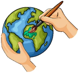 Selbstklebende Fototapeten Kinder Hands Painting Planet Earth with Artistic Brush  © GraphicsRF