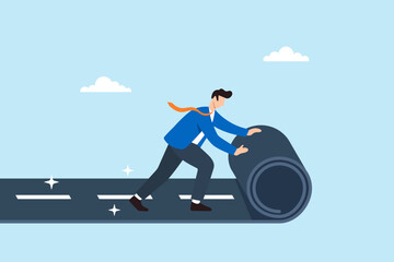 Plakat Flat illustration of businessman rolling out new road symbolizing career path development business planning direction and future opportunity