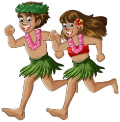 Selbstklebende Fototapeten Kinder Hawaiian Children Running in Traditional Grass Skirts and Leis  © GraphicsRF