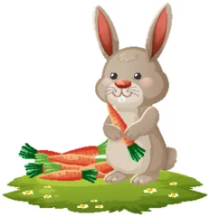 Selbstklebende Fototapeten Kinder Cute Brown Rabbit Holding Carrot on Grass Patch  © GraphicsRF