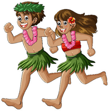 Hawaiian Children Running in Traditional Grass Skirts and Leis