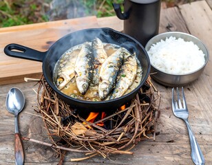 Fish cooking in a pan, steaming above a small fire, with rice and utensils