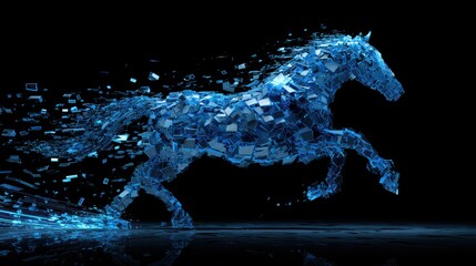 Dynamic Blue Horse in Motion Created from Digital Fragments