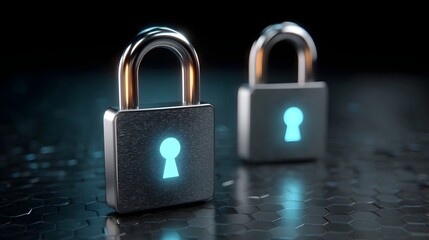 Two metallic padlocks with glowing blue keyholes symbolize digital security and data protection in a modern abstract concept