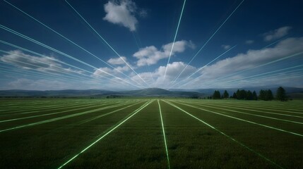 Futuristic digital network of laser beams over a green field under a clear blue sky suggesting advanced technology