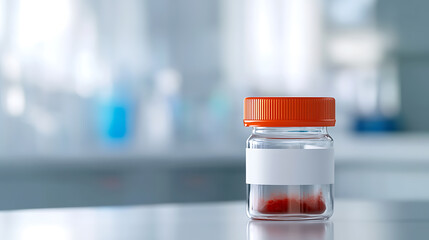 A lab vial with a red substance sits on a reflective surface, encapsulating scientific research. The orange cap adds a pop of color against the neutral lab backdrop.