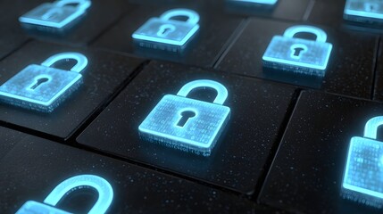 Glowing blue digital padlock icons with encrypted binary code texture on a dark grid symbolizing cybersecurity and data protection