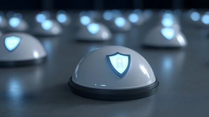 A grid of glowing blue shield icons with locks symbolizes digital security and network protection