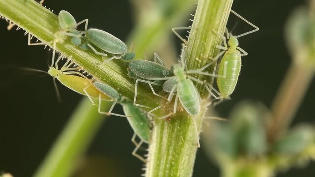 Green aphids infesting a plant stem with blurred background.
