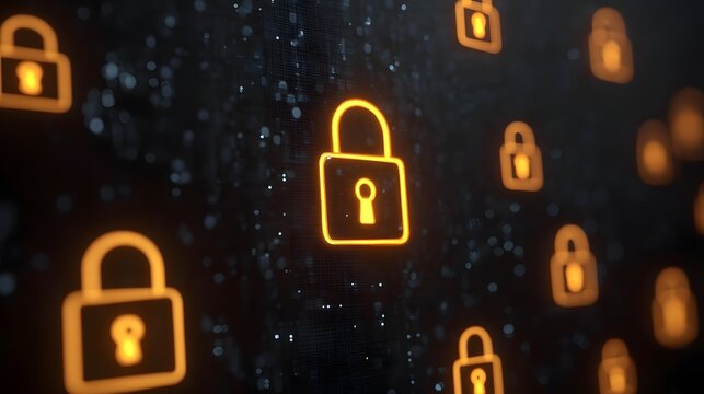 Glowing orange padlock icons on a dark digital background symbolize cybersecurity data protection and network security - Powered by Adobe
