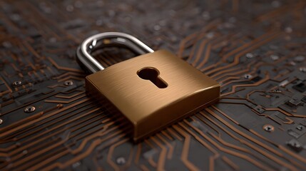 A golden padlock rests on a complex circuit board symbolizing digital security and data protection