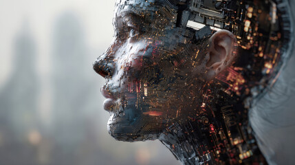Futuristic Artificial Intelligence Concept with a Humanoid Cyborg Profile Face Made of Digital Circuits Motherboard Components and Glowing Microchips Representing Machine Learning and Human Evolution