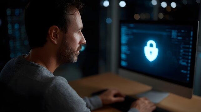 Focused man working late at night on a computer displaying a glowing security lock icon and code symbolizing cybersecurity and digital protection - Powered by Adobe