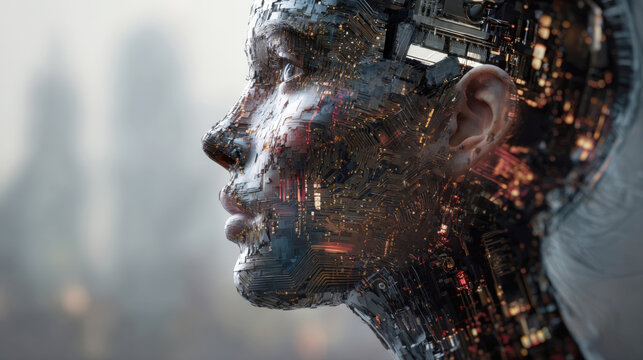 Futuristic Artificial Intelligence Concept with a Humanoid Cyborg Profile Face Made of Digital Circuits Motherboard Components and Glowing Microchips Representing Machine Learning and Human Evolution - Powered by Adobe