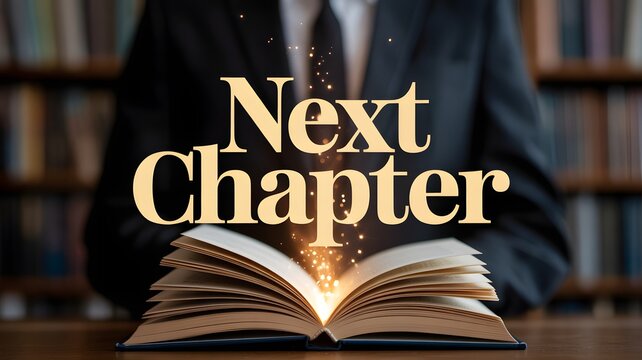 Man in suit opening book with golden light revealing next chapter