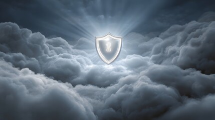 A luminous shield with a keyhole symbol shines brightly amidst dark dramatic clouds symbolizing digital security and protection