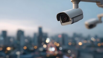 A modern security watches over a blurred city skyline during twilight symbolizing vigilance and protection