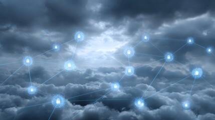Secured digital network connecting nodes through a stormy sky with bright light
