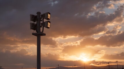 A warning siren tower illuminates against a dramatic sunset sky