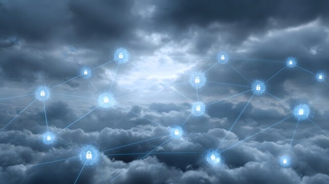 Secured digital network connecting nodes through a stormy sky with bright light - Powered by Adobe