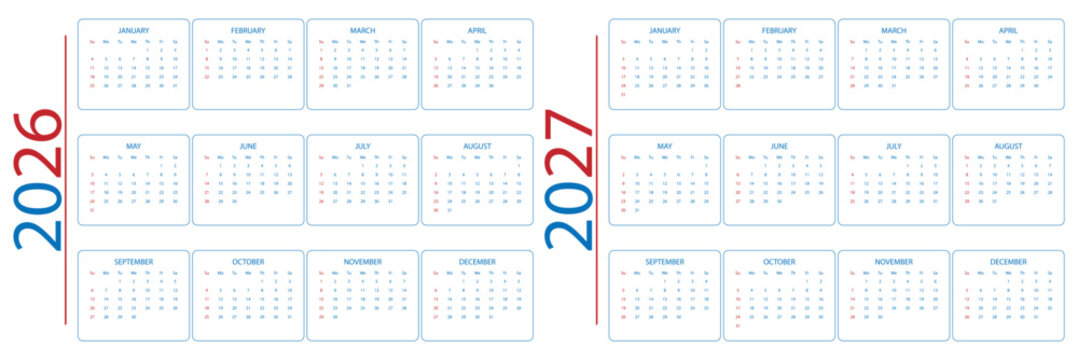 Calendrier 2026-2027 Fran&ccedil;ais, French calendar for 2026-2027 Calendrier annuel 2026-2027. 2026 And 2027 Calendar Starts On Sunday And Starts On Sunday Template grid Monthly Page with Note company logo
