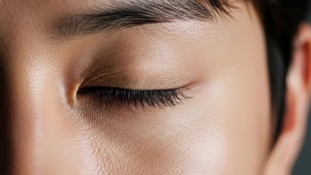 Korean man close-up half-face portrait, intense gaze emphasizing skin.