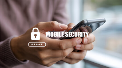 Mobile security concept with smartphone padlock icon and password field protecting digital privacy
