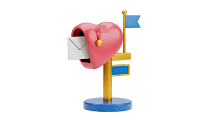 3D Heart shaped mailbox with letter and flag on transparent background