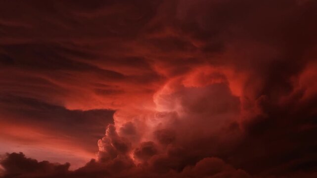 Spectacular atmospheric phenomenon painting the sky with intense crimson and fiery orange hues, creating a powerful and dramatic cloudscape at dusk or dawn